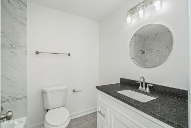 bathroom with baseboards, toilet, a shower, vanity, and tile patterned floors