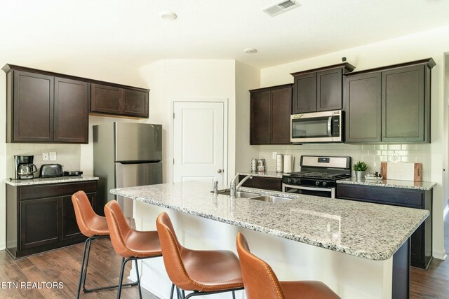 1133 Beacon Rd, Sevierville, TN 37876 - kitchen featuring tasteful backsplash, dark wood-type flooring, visible vents, appliances with stainless steel finishes, and a sink