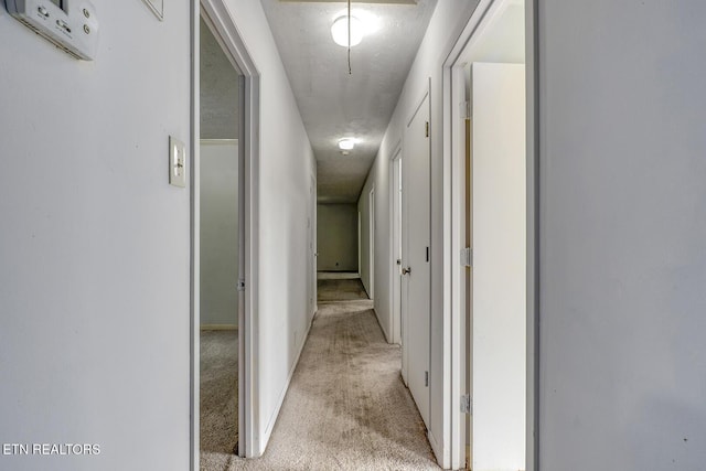 hall featuring attic access and light carpet