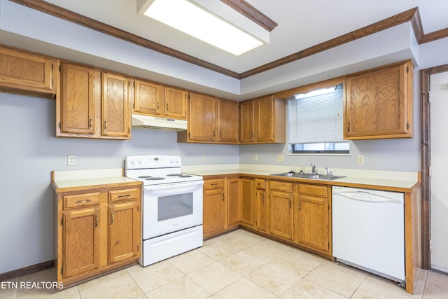 98 Hampshire Cir, Oak Ridge, TN 37830 - kitchen with light countertops, a sink, under cabinet range hood, and white appliances