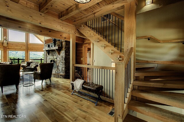 3505 Mountain Tyme Way, Sevierville, TN 37862 - staircase with beamed ceiling, wood walls, wood ceiling, and wood finished floors