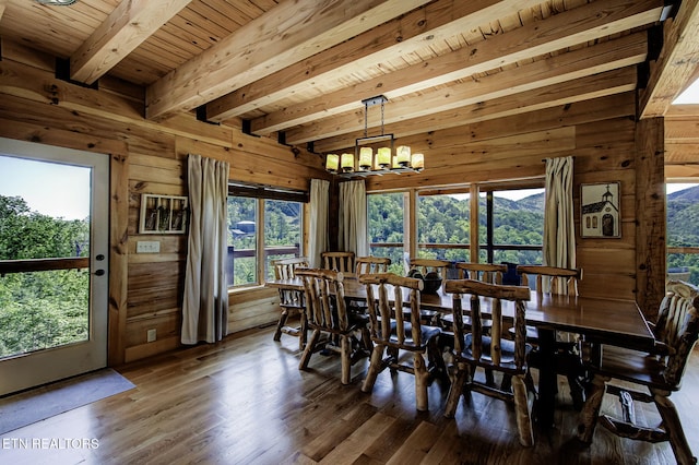 3505 Mountain Tyme Way, Sevierville, TN 37862 - dining space featuring a chandelier, wooden ceiling, wooden walls, and beam ceiling
