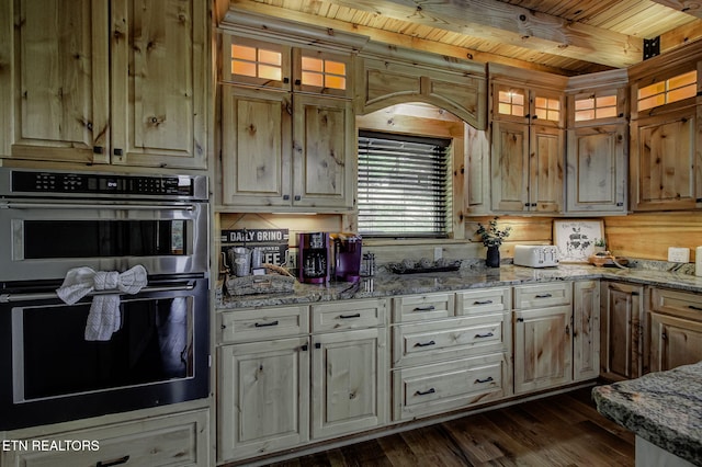 3505 Mountain Tyme Way, Sevierville, TN 37862 - kitchen with glass insert cabinets, double oven, dark wood finished floors, wooden ceiling, and light stone counters