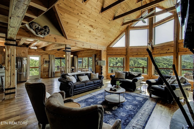 3505 Mountain Tyme Way, Sevierville, TN 37862 - living room featuring wood ceiling, wooden walls, high vaulted ceiling, hardwood / wood-style flooring, and beamed ceiling
