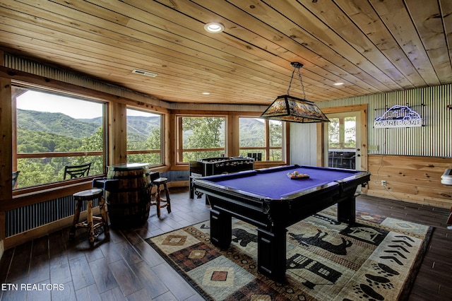 3505 Mountain Tyme Way, Sevierville, TN 37862 - playroom with a mountain view, visible vents, wood ceiling, wood finished floors, and billiards