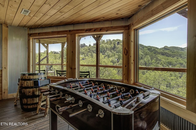 3505 Mountain Tyme Way, Sevierville, TN 37862 - playroom with a forest view, wooden ceiling, wooden walls, and wood finished floors