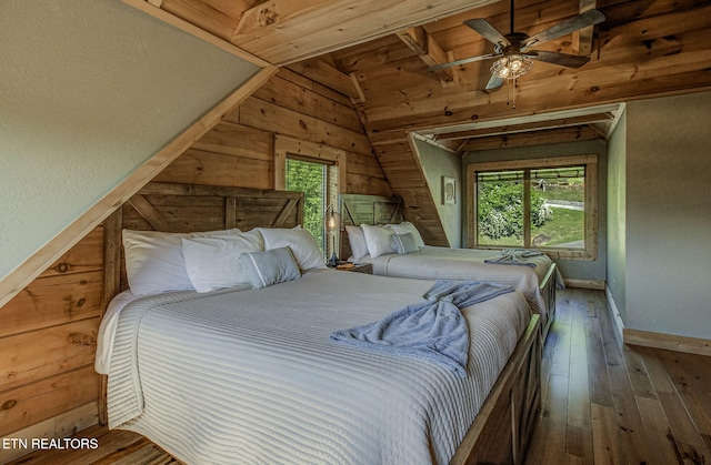 3505 Mountain Tyme Way, Sevierville, TN 37862 - bedroom featuring lofted ceiling, a ceiling fan, wooden ceiling, baseboards, and hardwood / wood-style flooring