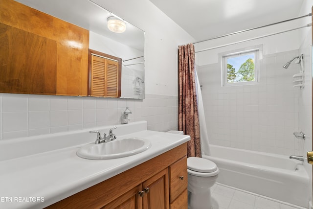 139 Hearon Rd, Kingston, TN 37763 - bathroom with shower / bath combination with curtain, vanity, toilet, tile walls, and tile patterned floors