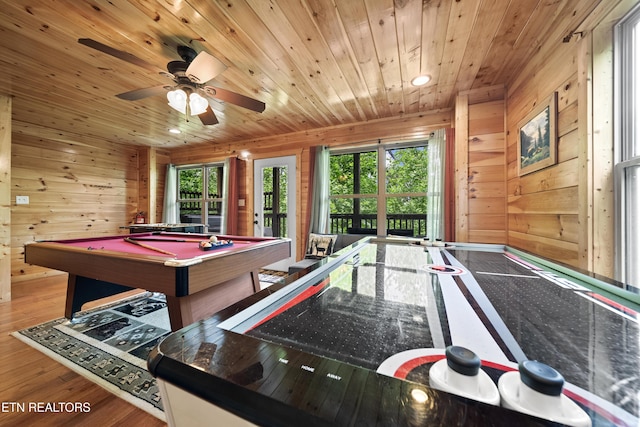 game room featuring wooden ceiling, wood walls, a wealth of natural light, and pool table