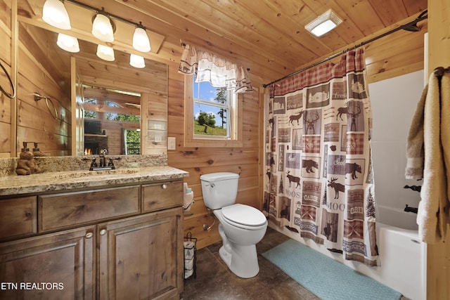 bathroom featuring wood ceiling, wood walls, toilet, shower / bathtub combination with curtain, and vanity