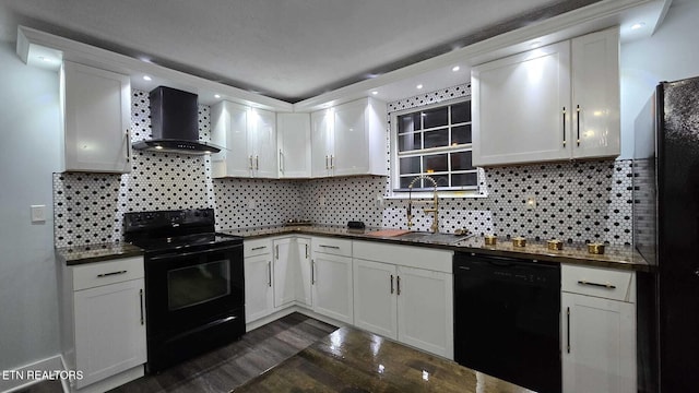 101 Old Vasper Rd, Caryville, TN 37714 - kitchen featuring white cabinetry, dark countertops, black appliances, wall chimney exhaust hood, and a sink
