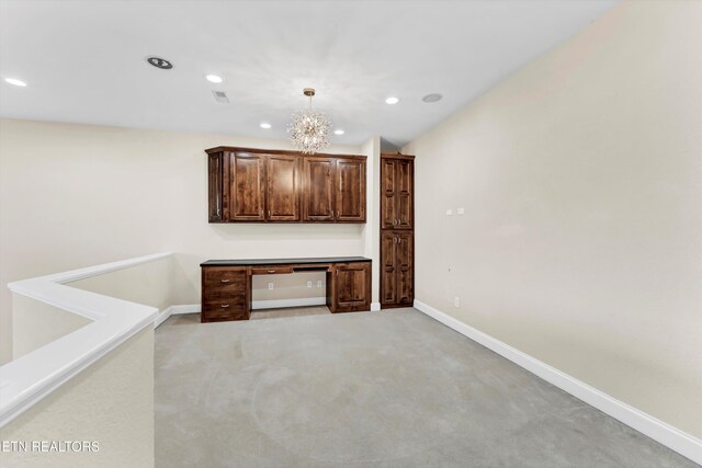 10033 Autumn Valley Ln, Knoxville, TN 37922 - bar featuring baseboards, a notable chandelier, recessed lighting, pendant lighting, and light carpet