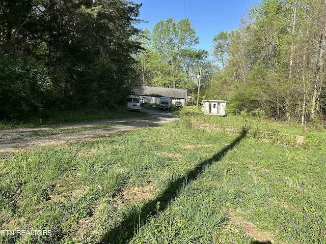 view of yard with a carport, dirt driveway, an outdoor structure, and a storage unit