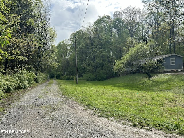view of road featuring a forest view