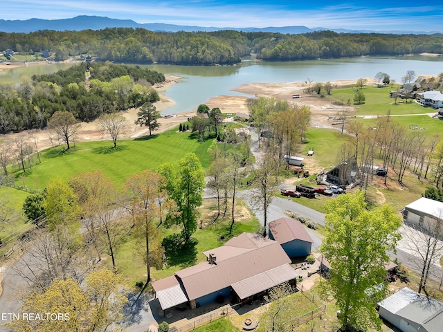 aerial view with a water view and a forest view