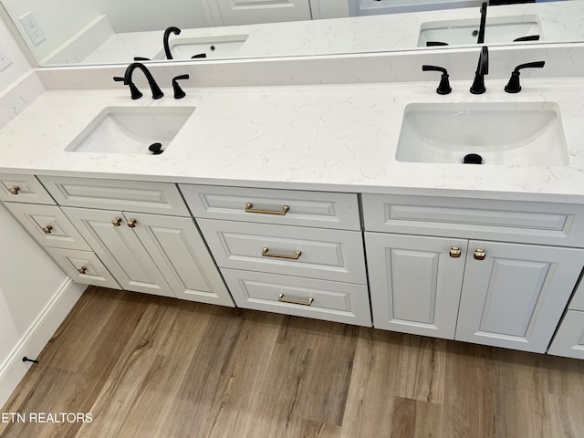 bathroom with double vanity, a sink, and wood finished floors
