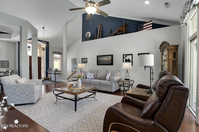 405 Tecumseh Pt, Loudon, TN 37774 - living area with high vaulted ceiling, ceiling fan, wood finished floors, and recessed lighting