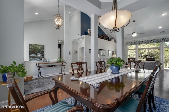 405 Tecumseh Pt, Loudon, TN 37774 - dining area featuring wood finished floors, ornamental molding, baseboards, high vaulted ceiling, and ceiling fan