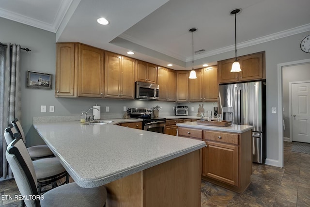 405 Tecumseh Pt, Loudon, TN 37774 - kitchen featuring brown cabinetry, a sink, appliances with stainless steel finishes, and crown molding