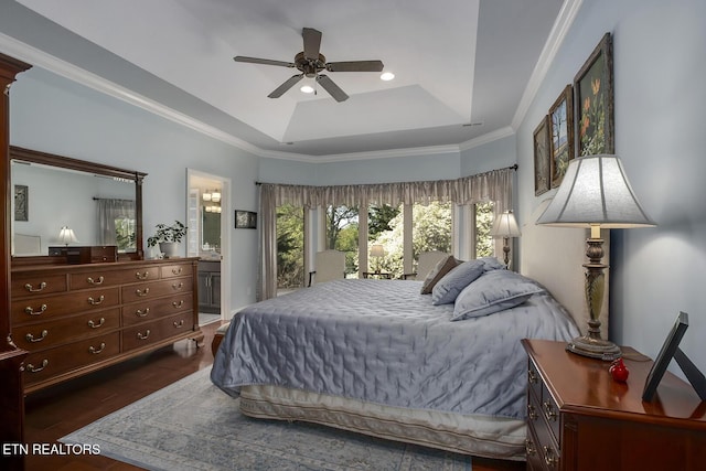 405 Tecumseh Pt, Loudon, TN 37774 - bedroom with recessed lighting, a raised ceiling, ornamental molding, dark wood-style flooring, and ensuite bathroom