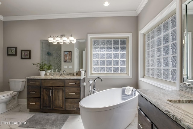 405 Tecumseh Pt, Loudon, TN 37774 - full bath with tiled shower, a freestanding tub, two vanities, and crown molding
