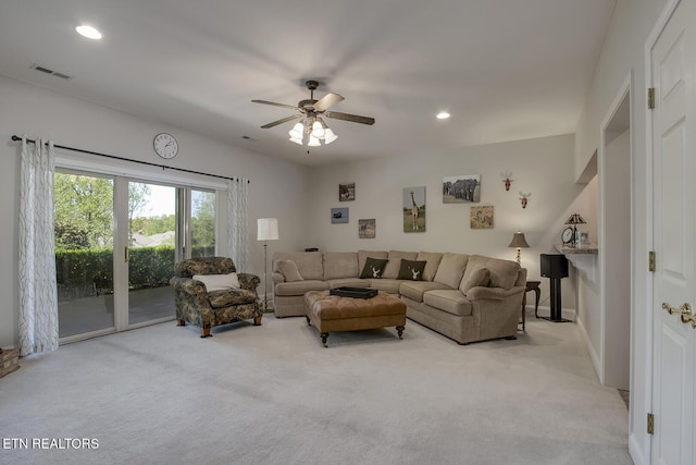 405 Tecumseh Pt, Loudon, TN 37774 - carpeted living area featuring visible vents, recessed lighting, and ceiling fan