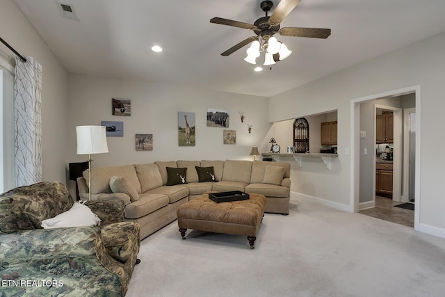 405 Tecumseh Pt, Loudon, TN 37774 - living room featuring recessed lighting, visible vents, a ceiling fan, carpet floors, and baseboards