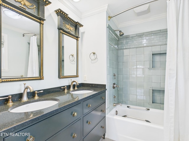 full bath featuring shower / tub combo, double vanity, a sink, and ornamental molding