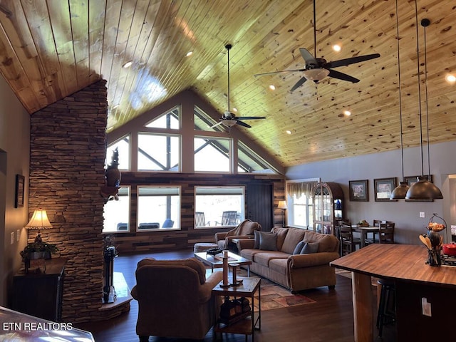 living area featuring high vaulted ceiling, a ceiling fan, dark wood-style floors, and arched walkways