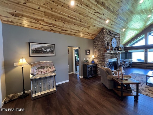 living area with a fireplace, high vaulted ceiling, baseboards, wood finished floors, and wood ceiling