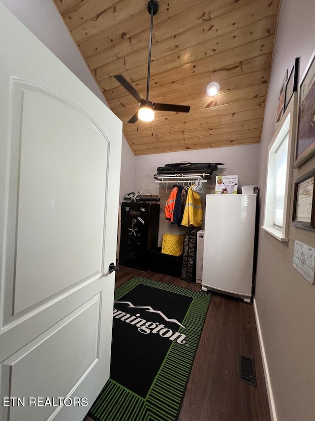 clothes washing area with a ceiling fan, baseboards, wood finished floors, visible vents, and wood ceiling