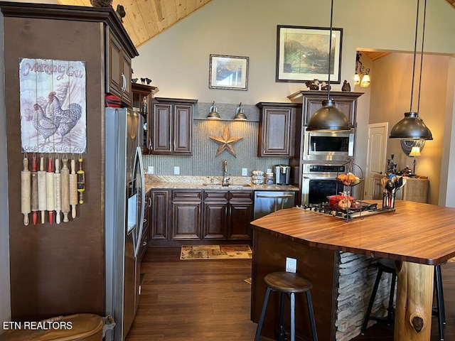kitchen featuring wooden counters, dark brown cabinets, a sink, dark wood-style floors, and stainless steel appliances