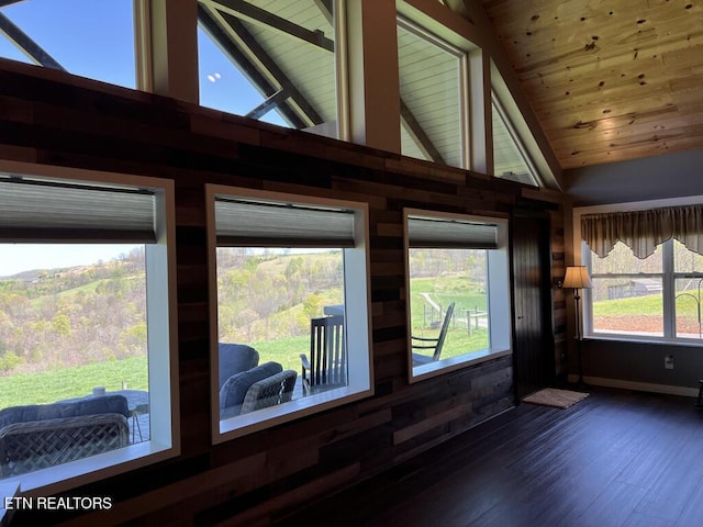 interior space with wooden ceiling, beam ceiling, and wood finished floors