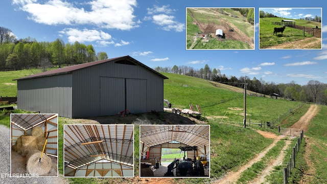 exterior space featuring a rural view, fence, and an outbuilding