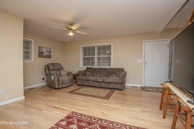 211 Peanut Ln, New Tazewell, TN 37825 - living room featuring light wood-style flooring, ceiling fan, baseboards, and visible vents