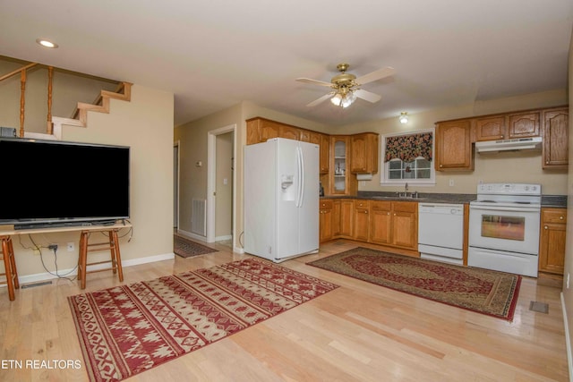 211 Peanut Ln, New Tazewell, TN 37825 - kitchen with visible vents, ceiling fan, white appliances, under cabinet range hood, and light wood finished floors