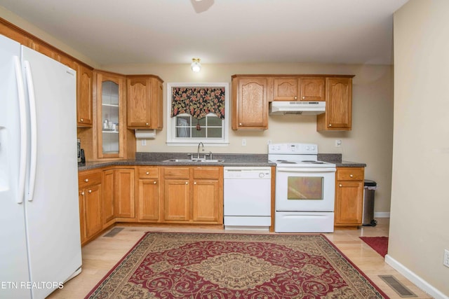 211 Peanut Ln, New Tazewell, TN 37825 - kitchen featuring under cabinet range hood, light wood finished floors, a sink, and white appliances