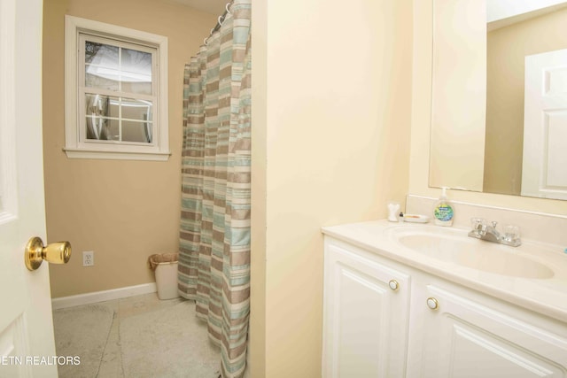 211 Peanut Ln, New Tazewell, TN 37825 - bathroom with tile patterned floors, a shower with shower curtain, vanity, and baseboards