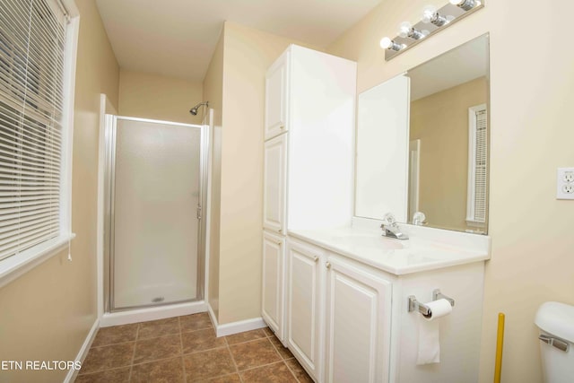 211 Peanut Ln, New Tazewell, TN 37825 - bathroom featuring toilet, baseboards, a shower stall, and vanity
