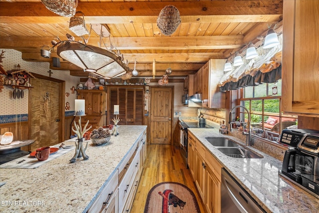 kitchen featuring a sink, exhaust hood, stainless steel appliances, light wood finished floors, and wooden ceiling