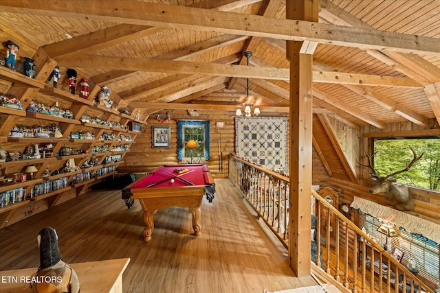 rec room featuring log walls, billiards, hardwood / wood-style floors, wood ceiling, and vaulted ceiling with beams
