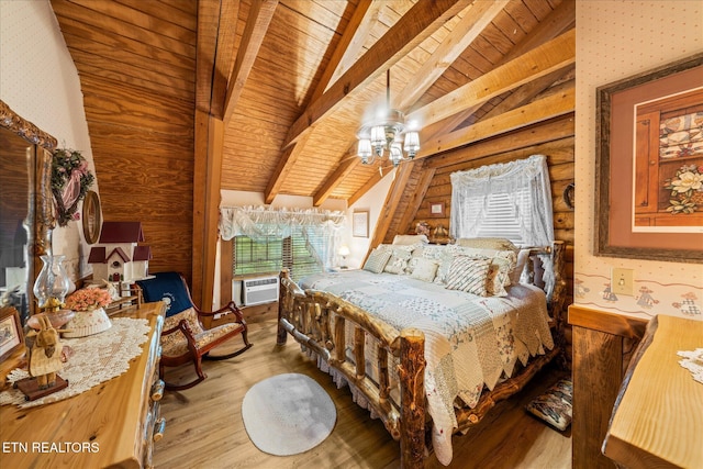 bedroom with vaulted ceiling with beams, wooden ceiling, rustic walls, and wood finished floors