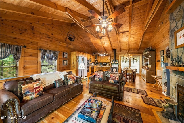 living room featuring hardwood / wood-style floors, ceiling fan, lofted ceiling with beams, and wooden walls