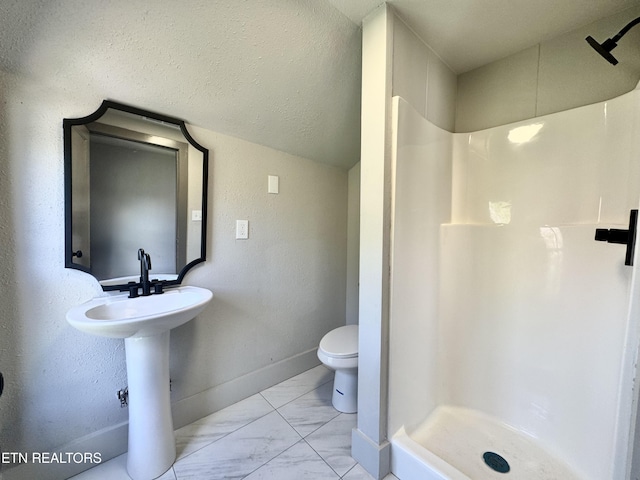 304 Broad St, Sweetwater, TN 37874 - bathroom with toilet, marble finish floor, a stall shower, and baseboards