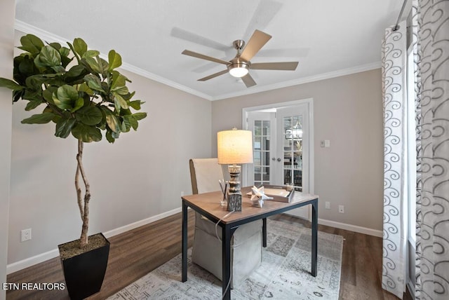 office with baseboards, ornamental molding, a ceiling fan, wood finished floors, and french doors