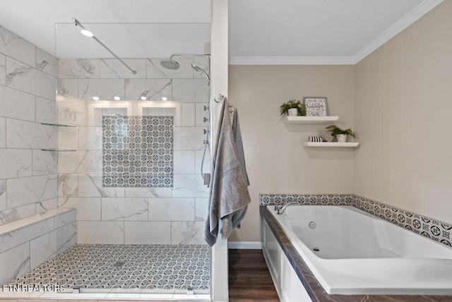 bathroom with crown molding, tiled shower, wood finished floors, and a whirlpool tub