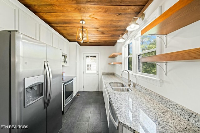 kitchen featuring white cabinetry, open shelves, appliances with stainless steel finishes, wooden ceiling, and a sink