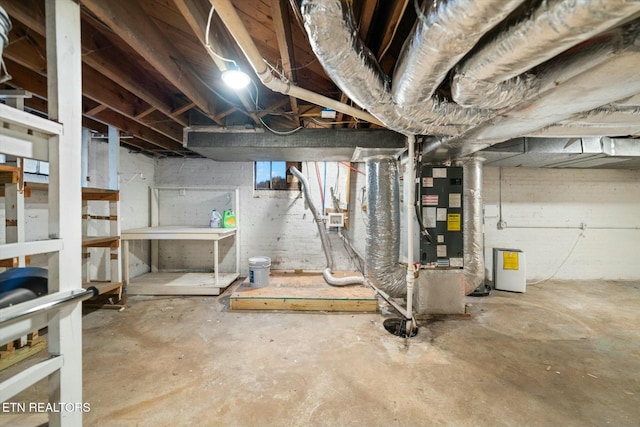 unfinished below grade area featuring heating unit