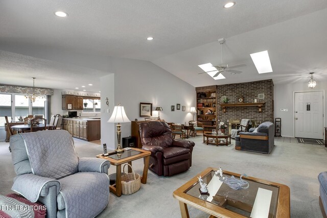 212 Tooweka Ln, Loudon, TN 37774 - living room featuring light colored carpet, a skylight, vaulted ceiling, recessed lighting, and ceiling fan