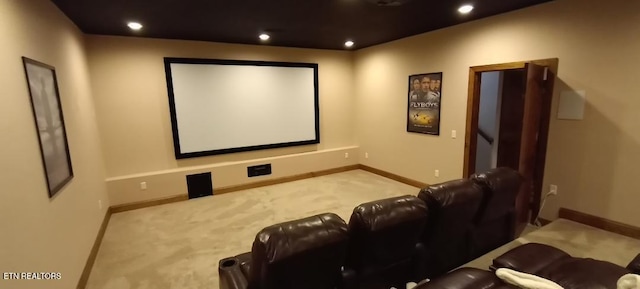 home theater featuring recessed lighting, carpet flooring, and baseboards